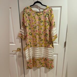 NEW YELLOW FLORAL SILKY KURTA SHIRT SIZE S